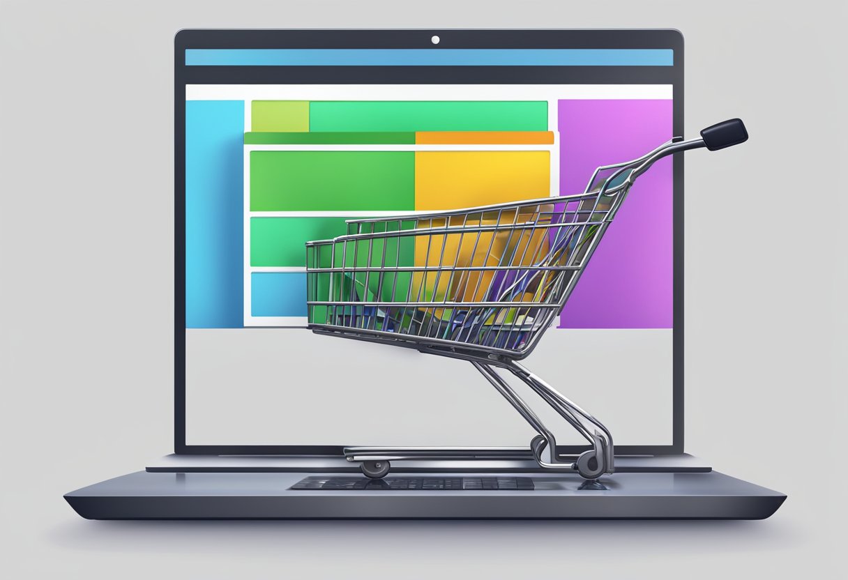 A computer screen split in half, one side showing higher prices and the other showing lower prices. A shopping cart icon on the lower-priced side