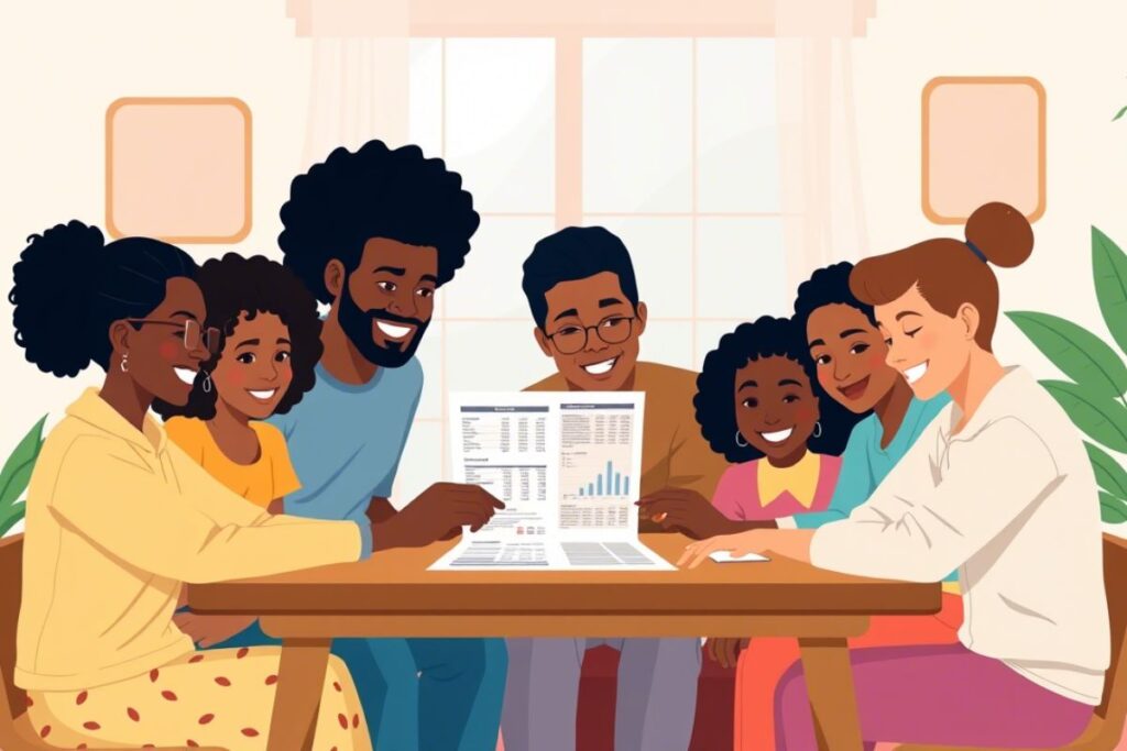 Pais e filhos discutindo como poupar para a faculdade juntos